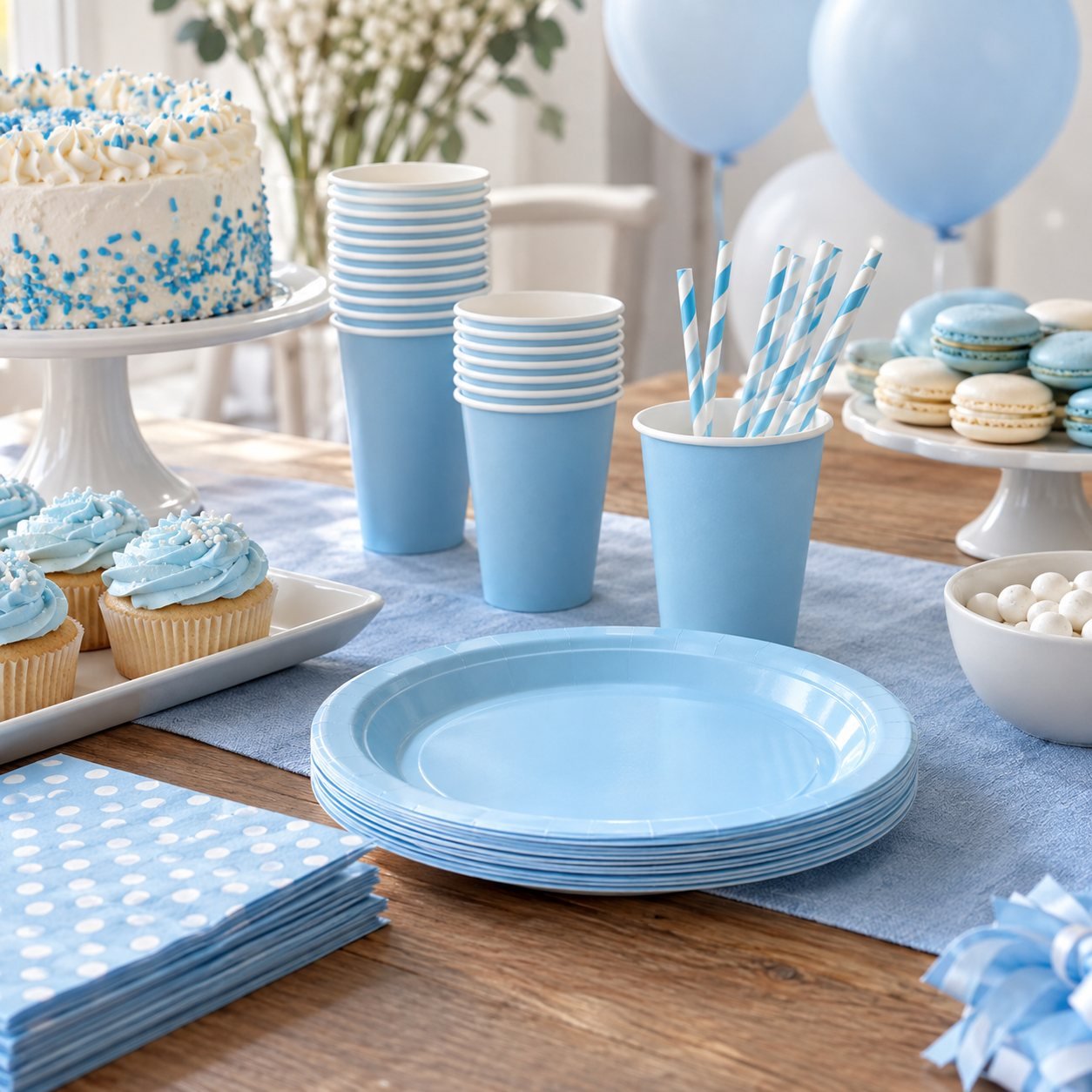 Copos, pratos e artigos descartáveis em uma mesa de festa