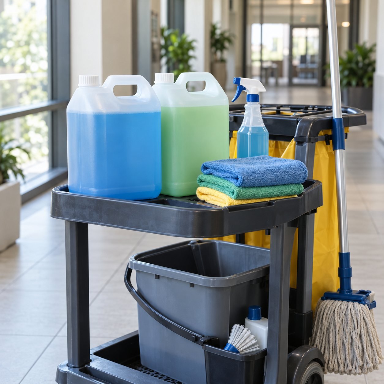 Produtos de limpeza organizados em um carrinho de serviço
